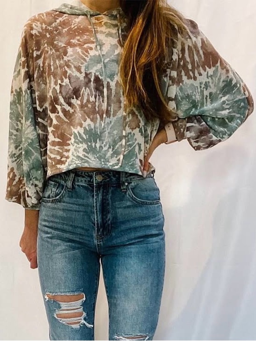 Cropped Tie-Dye Hoodie in Sage Green & Taupe